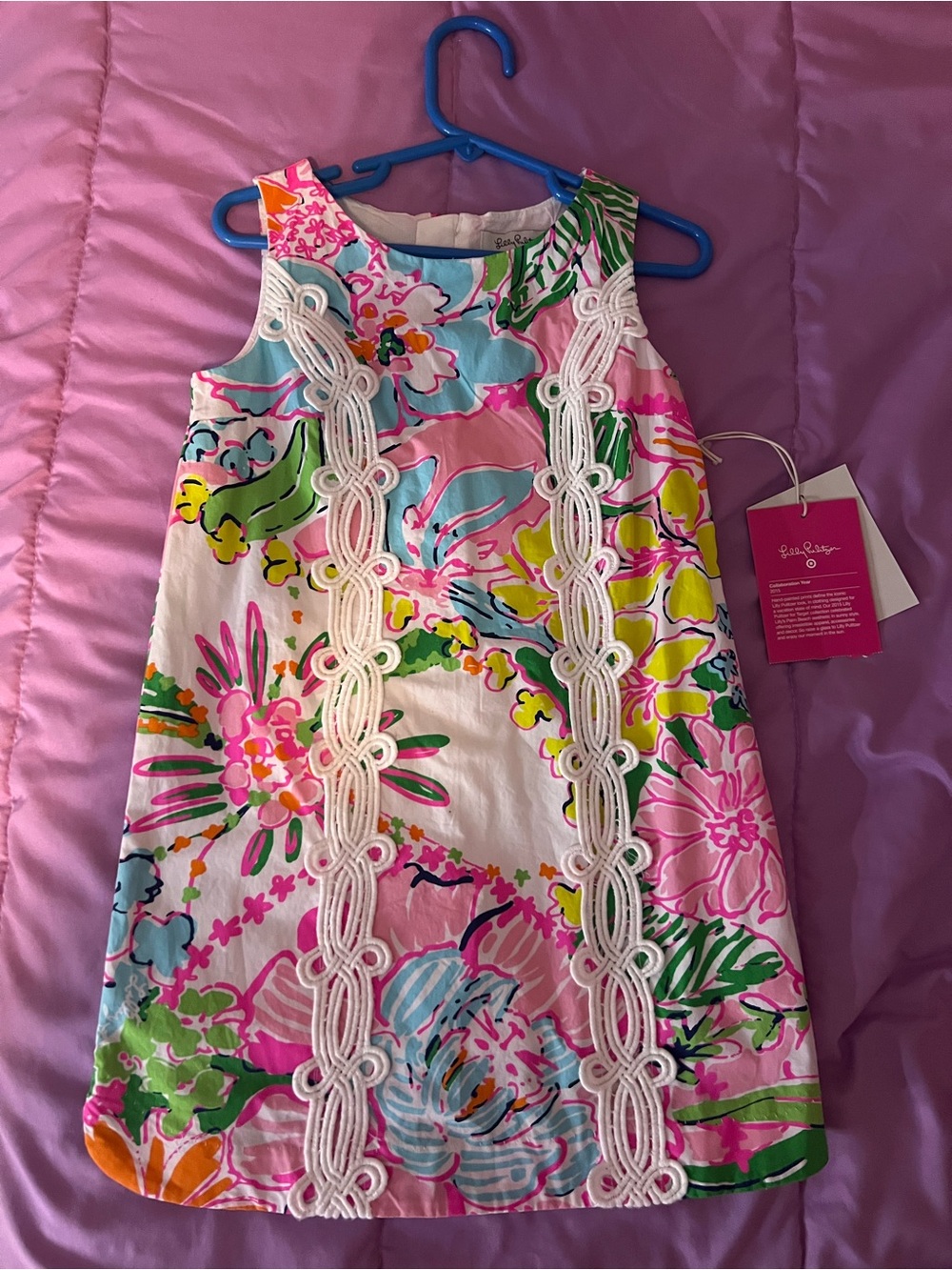Lilly Pulitzer Floral Multicolor Sleeveless Shift Dress w/White Lace Trim